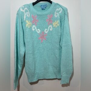 Vintage  Grama Core Floral Knit Sweater in Mint and pastel Size S